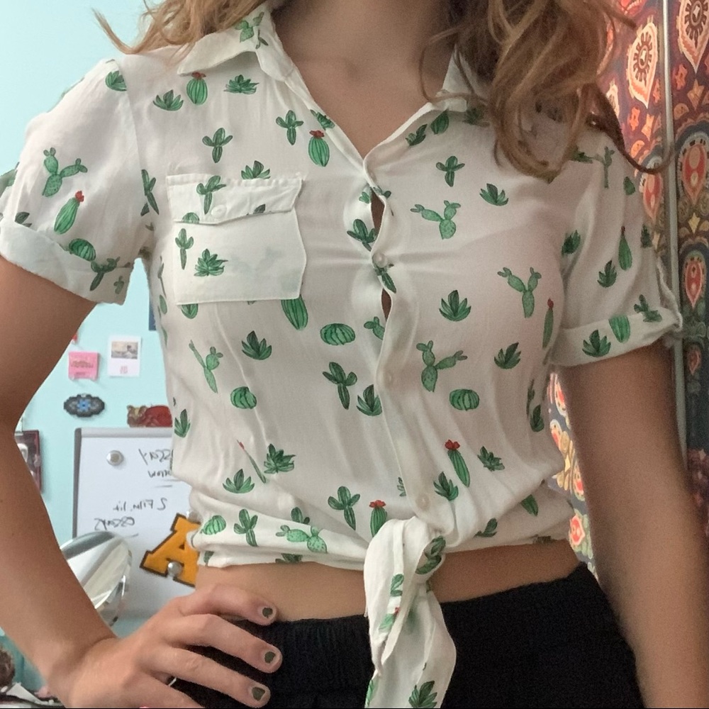 Tie front button up cactus shirt